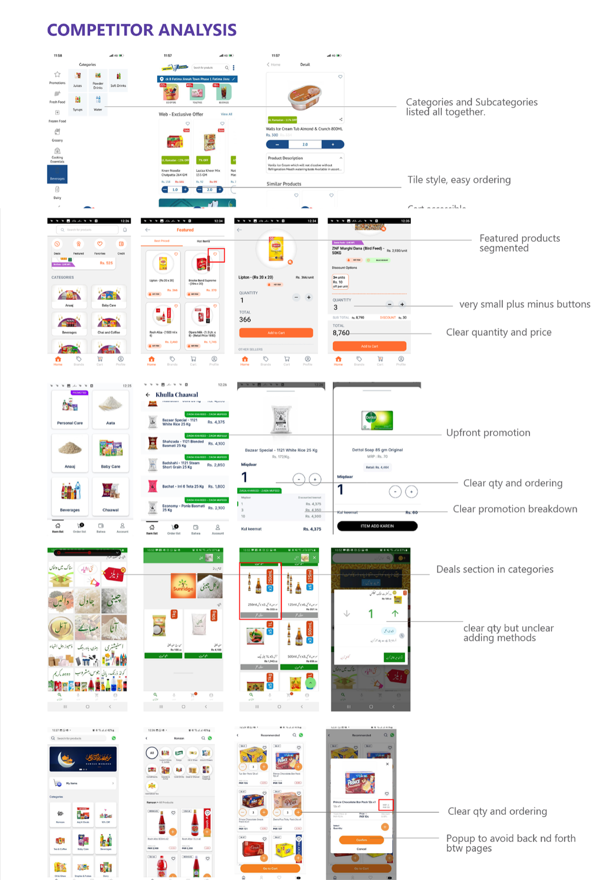Annotated competitor analysis across several B2B and grocery apps