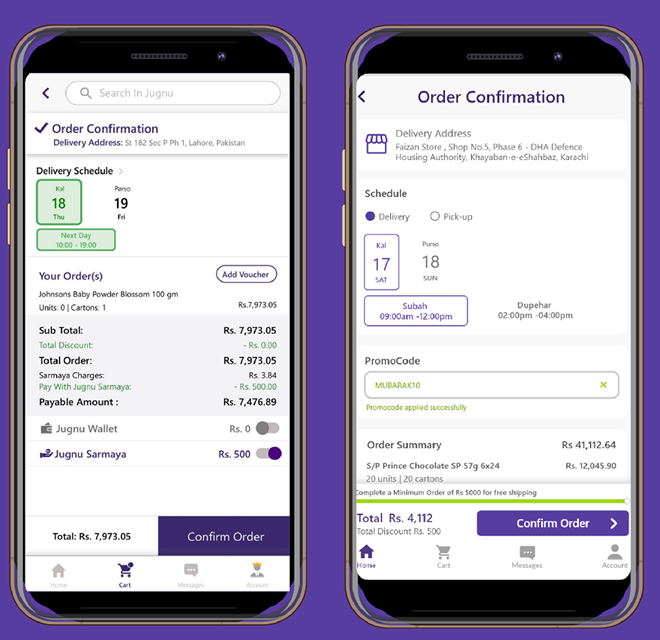 Order confirmation before and after redesign — with a promo code field and delivery schedule
