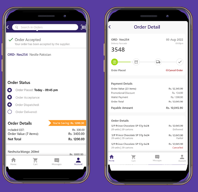 Order detail before and after redesign — with a clear order status progress tracker
