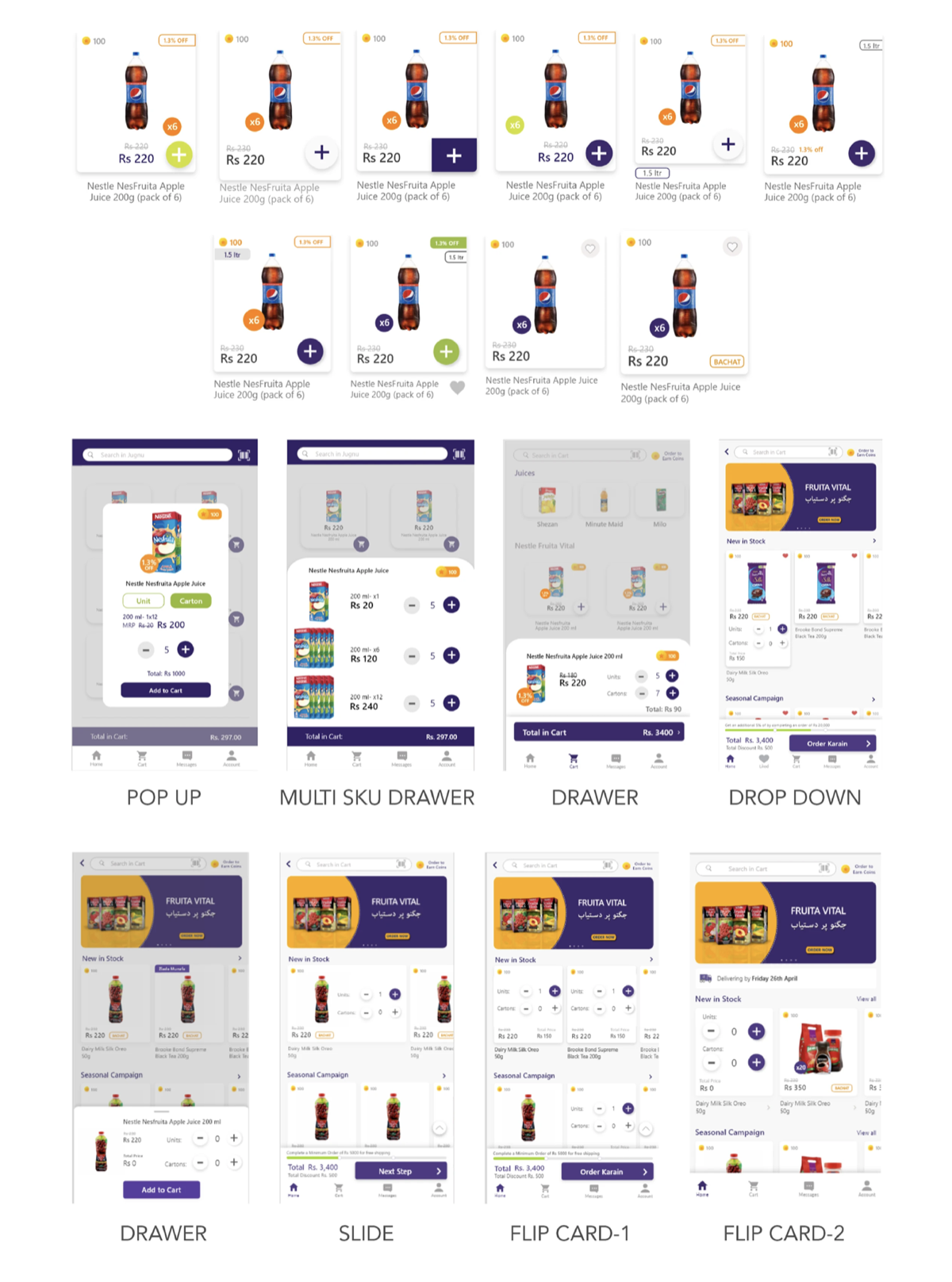 Low-fidelity prototypes of every add-to-cart format tested: pop up, multi-SKU drawer, drawer, drop down, slide, and two flip-card variations