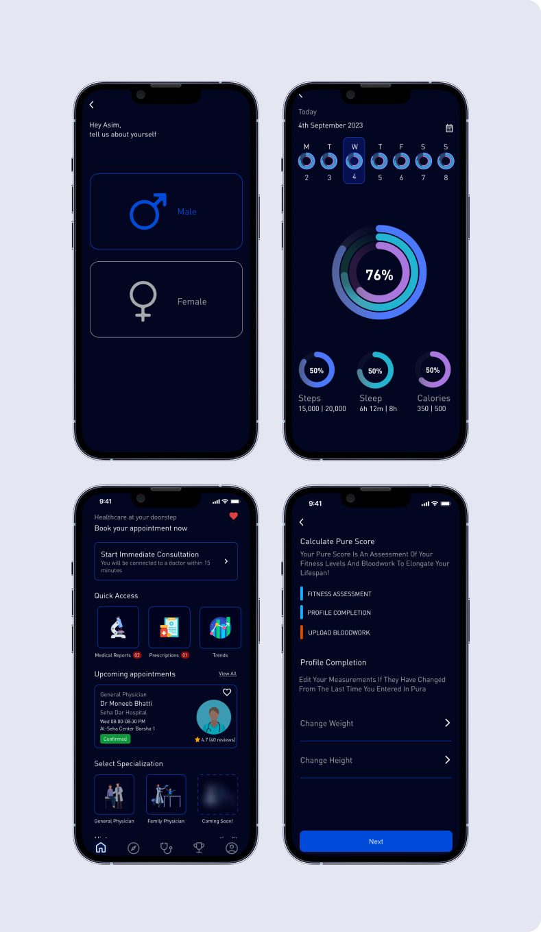 Pura+ app, redesigned — sign up, goal completion, mobility, and biomarker screens