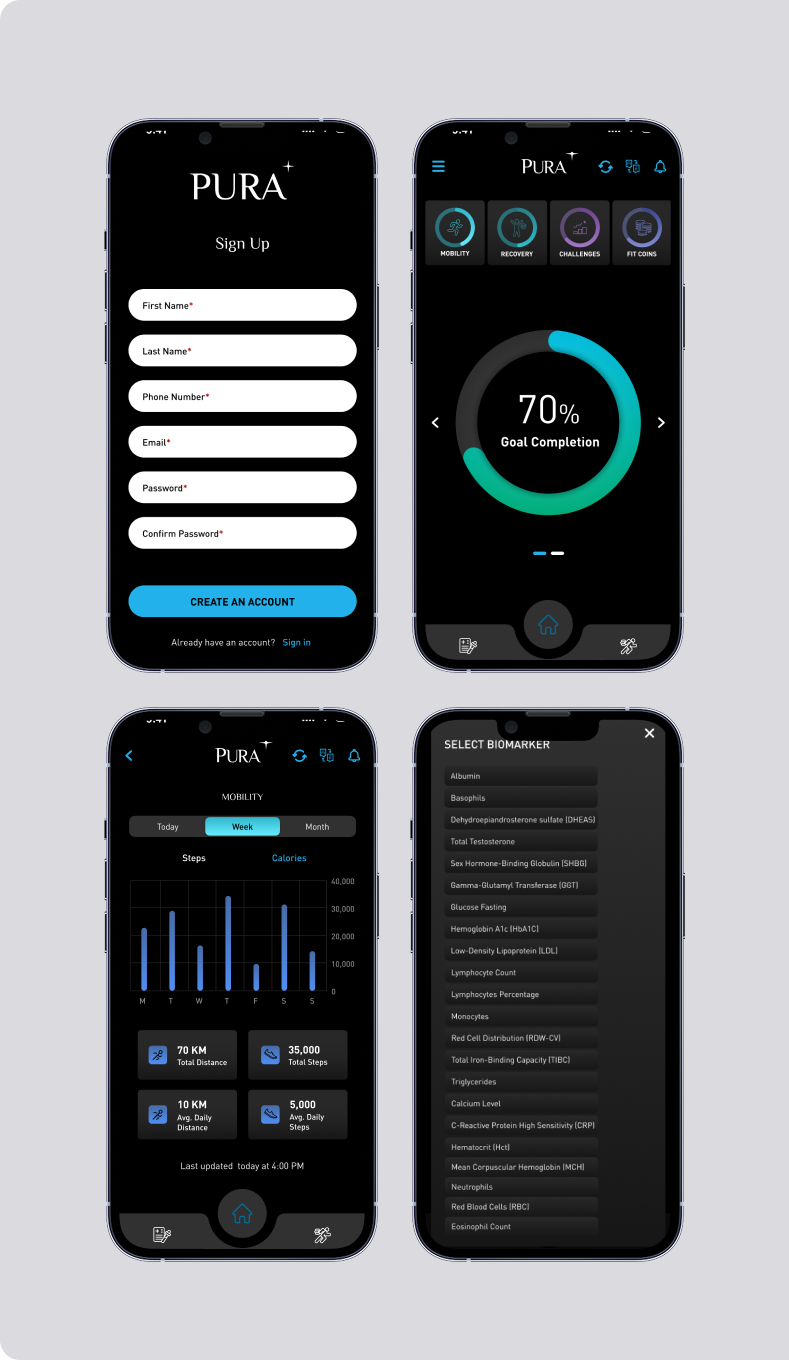 Pura app, old design — sign up, dashboard, booking, and Pure Score screens